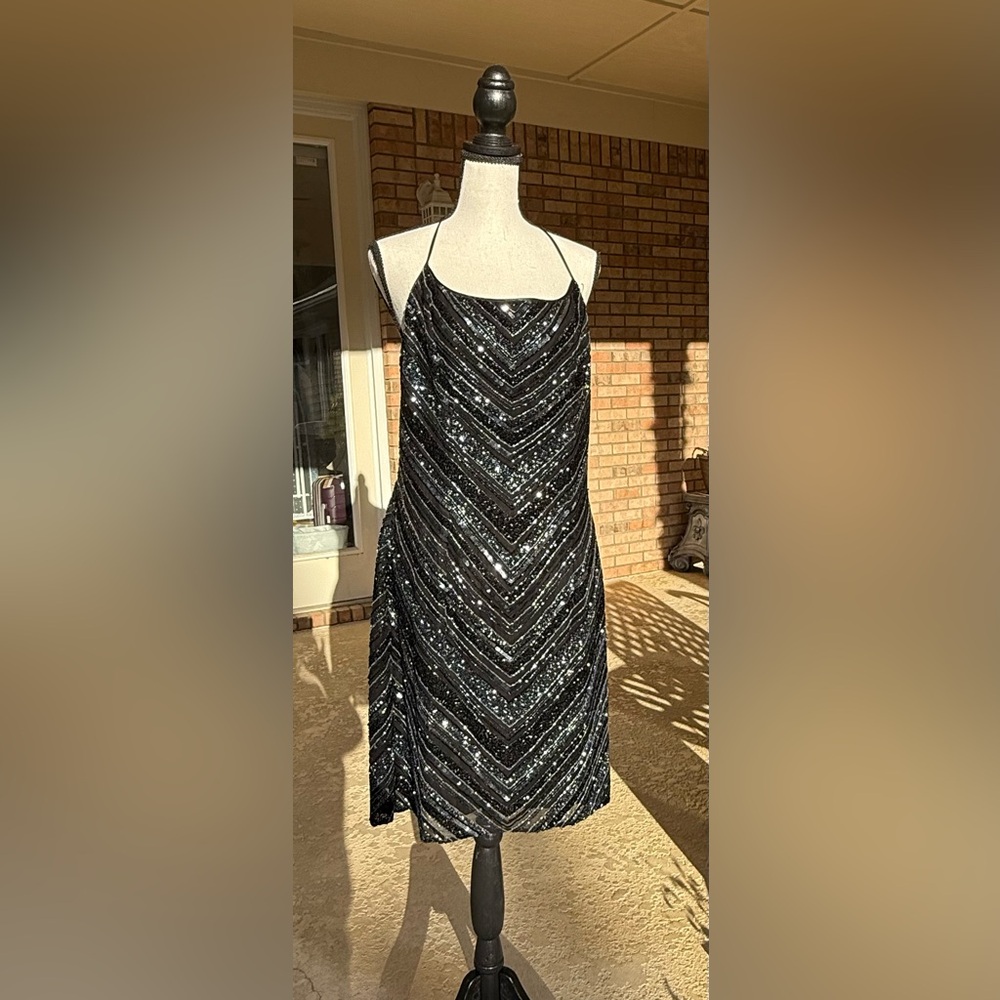 Scala Black Sequin Beaded Silk Dress XL Open Glam  Back Cocktail Party Dress